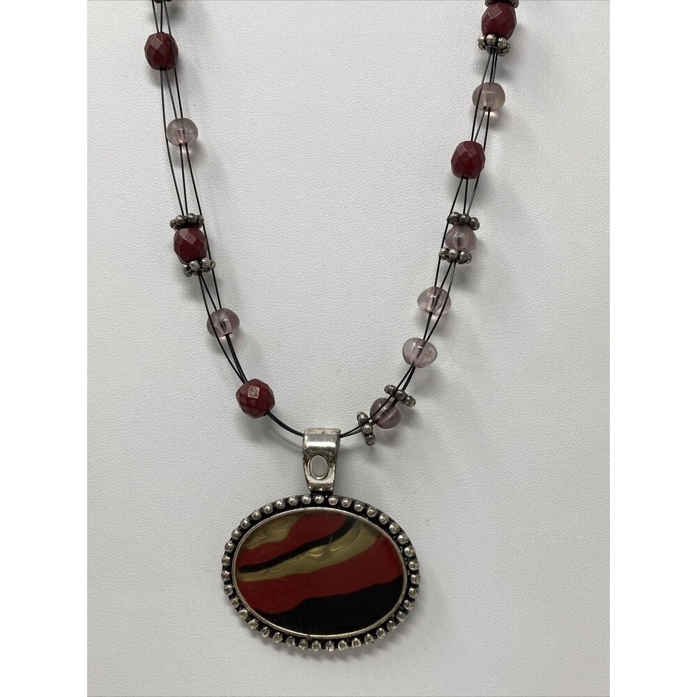 Pendant Necklace Signed HM Red Black Tan Oval with Beads Beaded - Picture 1 of 9
